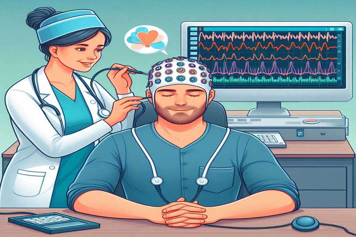 نمایی انیمیشنی از پرستار که در حال نصب الکترود روی سر بیمار است