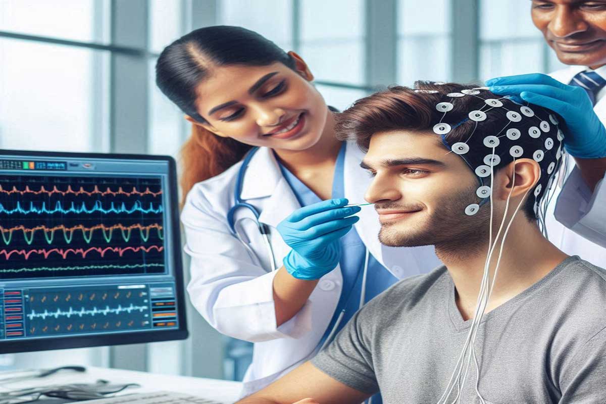 پرستار در حال نصب الکترود روی سر بیمار