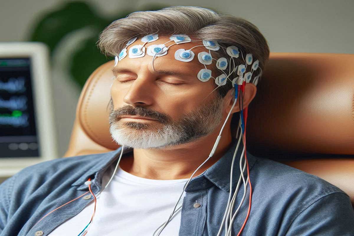 نوار مغز و الکترودهایی که روی سر بیمار متصل است