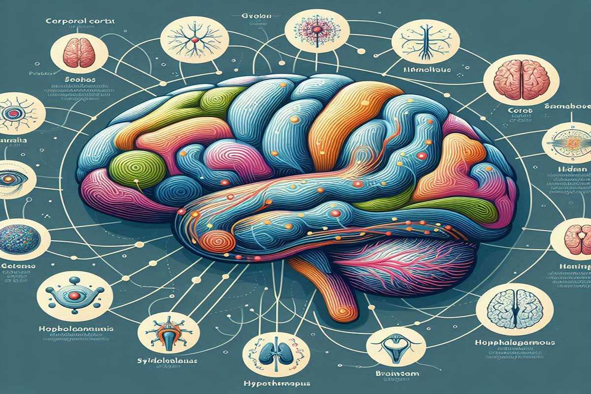 نمایی نزدیک از مغز انسان که اطراف آن ساختارهای مختلف مغز نشان داده می شود