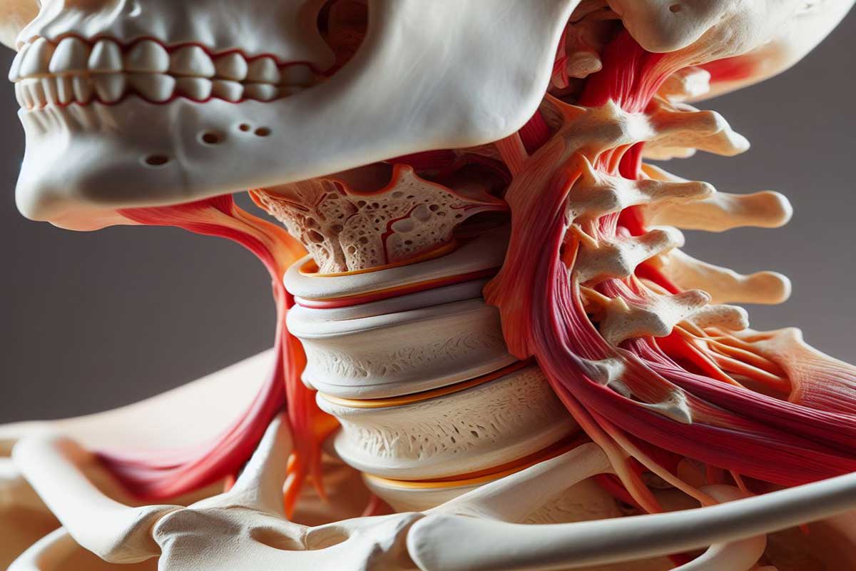 نمای نزدیک از مدل آناتومیکی گردن با تمرکز بر دیسک آسیب دیده.