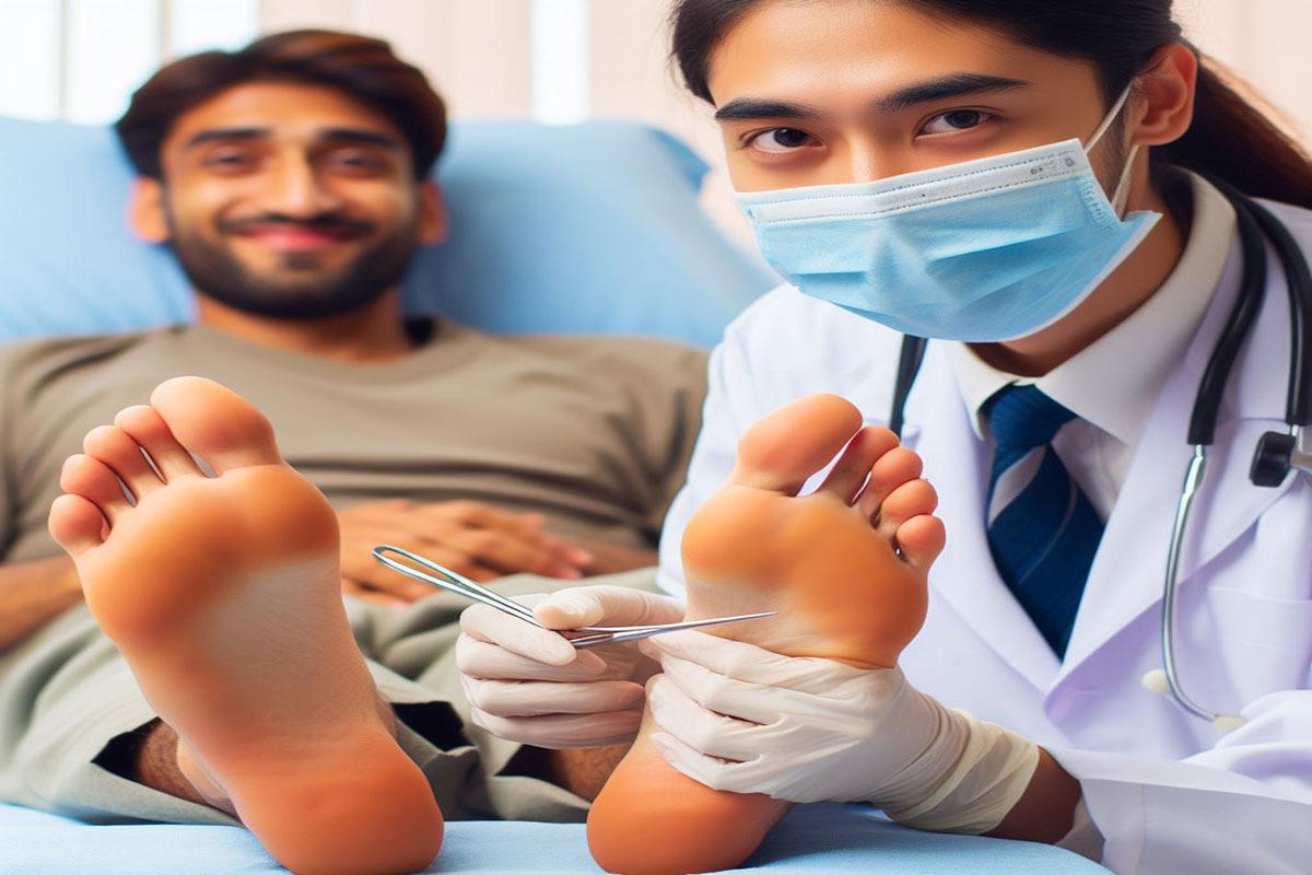 پزشک در حال معاینه خارپاشنه بیمار