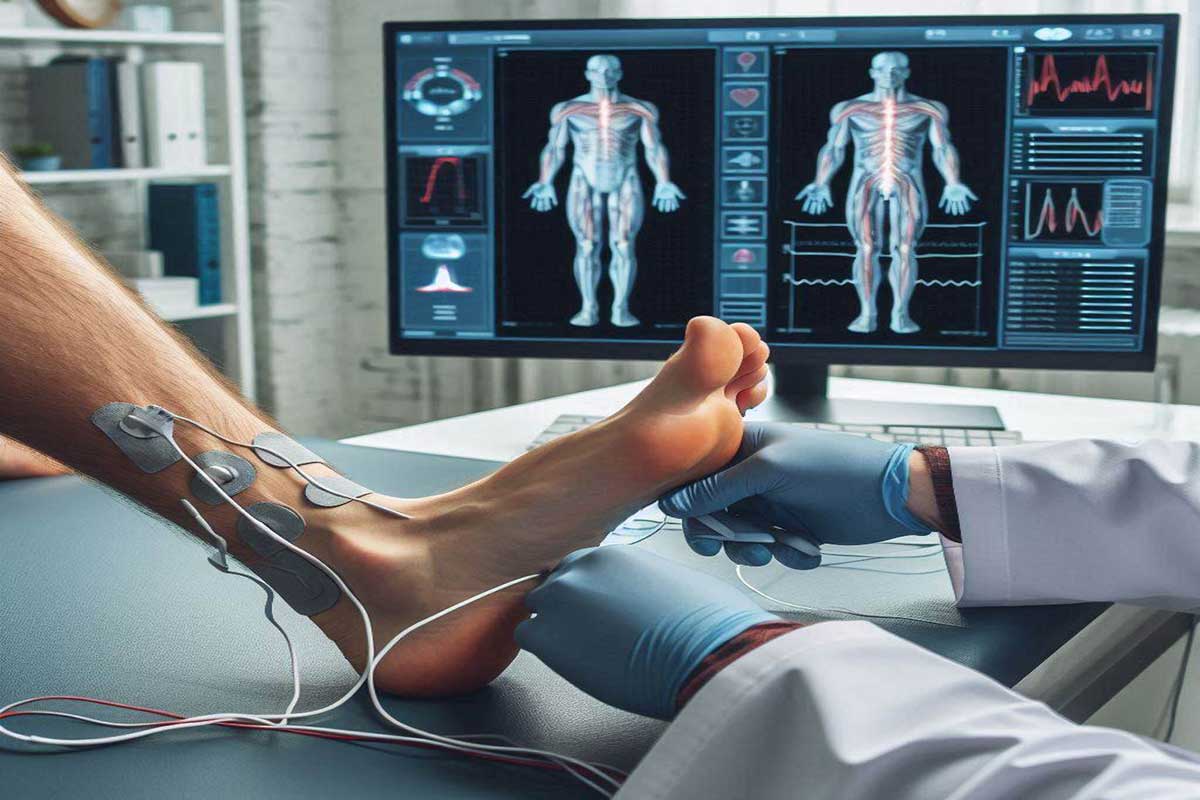 دست پزشک که در حال نصب الکترود روی مچ پای بیمار است