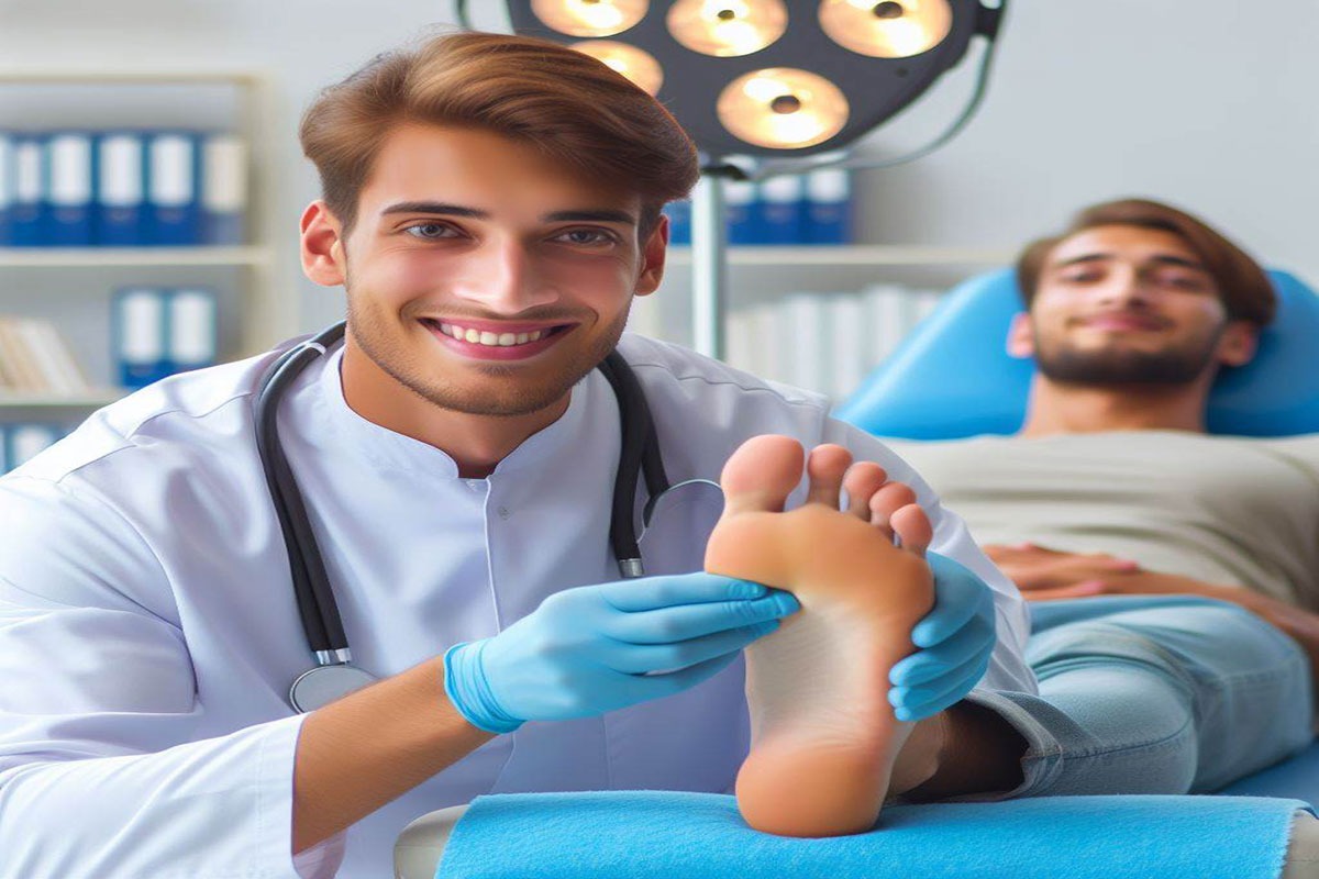 پزشک پای بیمار را گرفته است و توضیحاتی در خصوص خارپاشنه می دهد