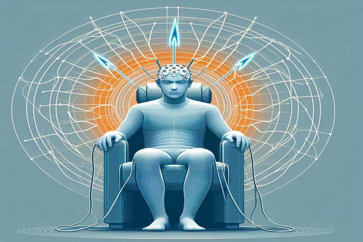 نمایی از انسان که روی صندلی دستگاه آر تی ام اس نشسته است و امواج مغزی اطراف آن صادر شده است