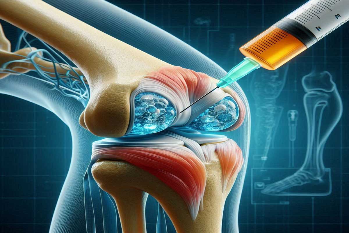 نمایی واضح از زانو که آمپول در حال تزریق ژل به آن است