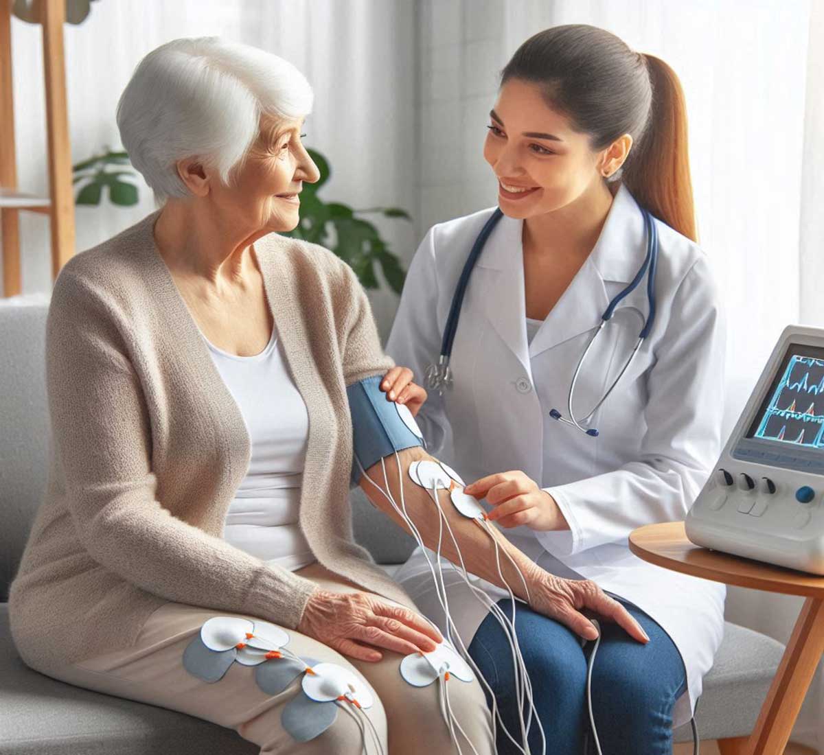 پزشک در حال انجام تست نوار عصب و عضله بیمار