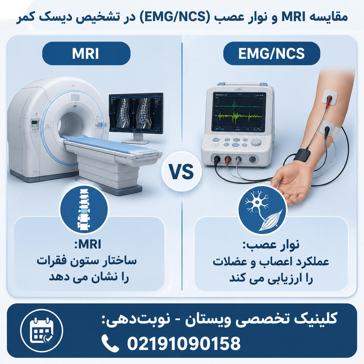 تفاوت MRI و نوار عصب (EMG) برای تشخیص فتق دیسک